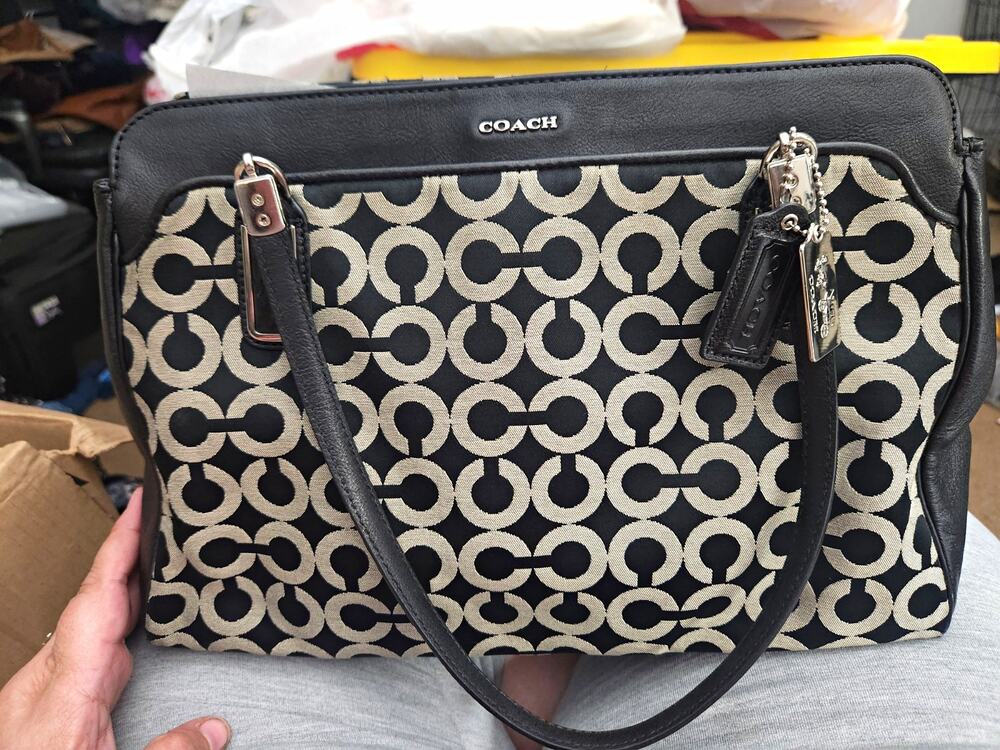 Coach Madison Kimberly Carryall 25624 Black Khaki Op Art Sateen Shoulder Bag